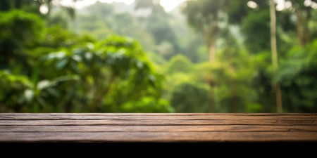 The empty wooden table top with blur background of Amazon rainforest. Exuberant image.