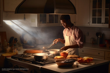 Male African American young adult cooking a meal in kitchen. Generative AI AIG23.の素材