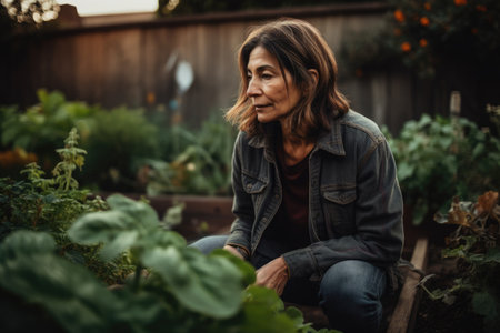 Female Hispanic middle aged gardening in backyard plants. Generative AI AIG23.の素材