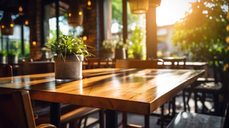 The wooden table top with blur background of restaurant. Generative AI image AIG30.の素材