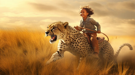 A little boy excited with riding on a cheetah that running fast speed across a vast savannah. Generative AI AIG27.の素材