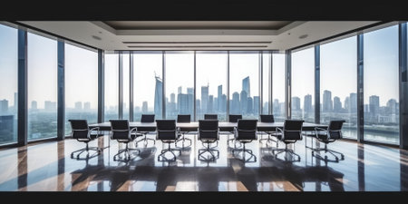 Conference room with meeting table many seats reflective floor, window with city view. Generative AI AIG18.の素材