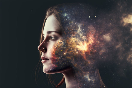 Universe and galaxy inside woman brain portrait double exposure, bright stars of milky way as metaphor concept for sense of human mind. Meditative and mental ability abstract art. Superb Generative AIの素材