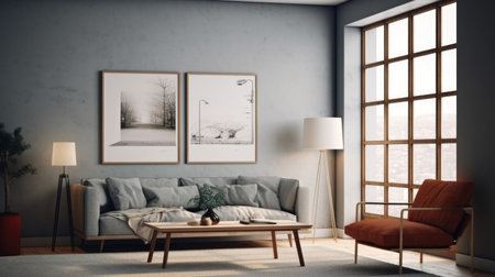 The minimalist interior design of a living room featuring a grey color scheme, large picture frames on the wall, and a paneled window. Generative AI AIG27.の素材
