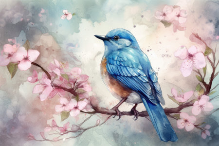 a bluebird perched on a tree branch and surrounded by a flurry of falling cherry blossom petals Generative AI AIG18.の素材