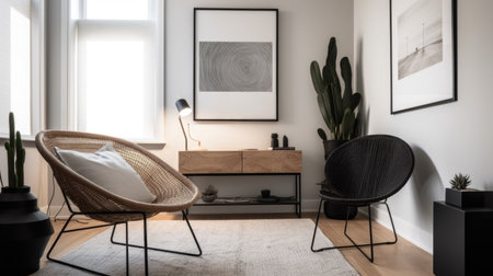 Living room decor, home interior design . Scandinavian Minimalist style with Wall Art decorated with Wood and Metal material . Generative AI AIG26.の素材