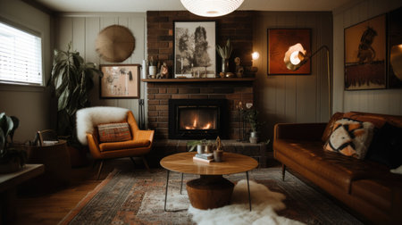 Living room decor, home interior design . Mid-century modern Bohemian style with Fireplace decorated with Wood and Brass material . Generative AI AIG26.の素材