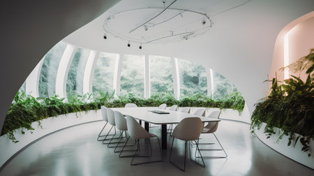 Futuristic curvilinear interior minimal conference meeting. Generative AI AIG18.の素材