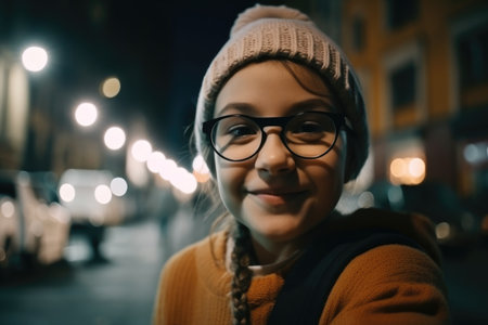 Wide angle shot of a young caucasian 10-year-old little girl trendy clothes using mobile phone with background of urban city street at night. Generative AI AIG18.の素材