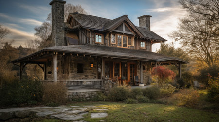 Home architecture design in Farmhouse Style with Wraparound porch constructed by Wood and Metal material. American Farmhouse style. Generative AI AIG25 .の素材