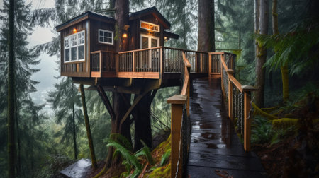The treehouse exterior in the forest in Canada. Generative AI image AIG30.の素材