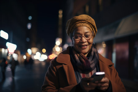Wide angle shot of a senior african-american woman trendy clothes using mobile phone with background of urban city street at night. Generative AI AIG18.の素材