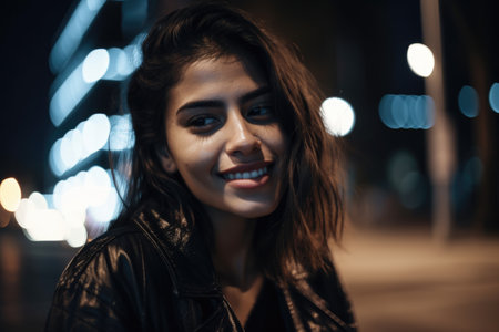 Low angle shot of a young mexican hispanic woman trendy clothes using mobile phone with background of urban city street at night. Generative AI AIG18.の素材