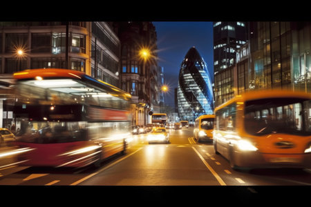 Busy city street at night, fast cars and bus in blur motion. Generative AI AIG18.の素材