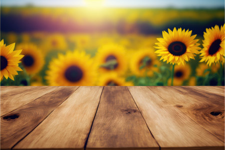 Focus empty wood table with blurred sunflower tree background. Concept of blank space for advertising product. Finest generative AI.の素材