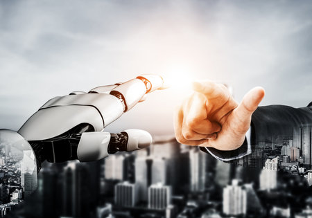 3D Rendering Futuristic robot technology development, artificial intelligence AI, and machine learning concept. Global robotic bionic science research for future human life. 3D illustrationの写真素材