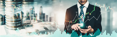 Businessman analyst working with digital finance business data graph showing technology of...