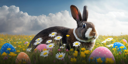 Happy bunny rabbit with easter eggs. Colorful Easter holiday celebration. superlative generative AI image.の素材