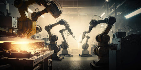 Smart factory with robotic arms equipment in production line. superlative generative AI image.の素材