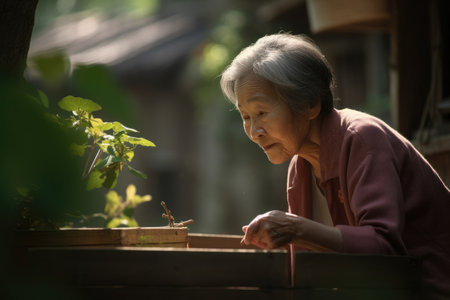 Female Asian elderly gardening in backyard plants grass. Generative AI AIG23.の素材