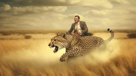 A businessman riding on a cheetah, running fast speed across a vast savannah. Generative AI AIG27.の素材