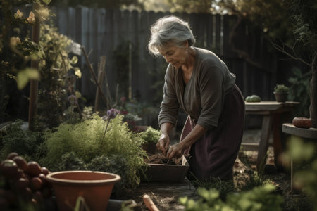 Female Caucasian elderly gardening in backyard plants Earthly. Generative AI AIG23.の素材