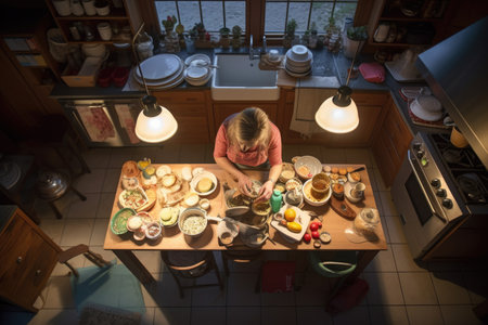 Female Caucasian 50s cooking a meal in kitchen. Generative AI AIG23.の素材
