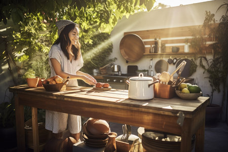 Female Asian young adult cooking outdoor kitchen stove. Generative AI AIG23.の素材