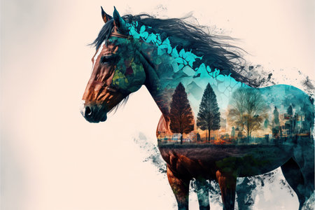 Horse with double exposure with natural forest landscape background as concept of animal in natural adventure in the wilderness with animal artwork. Superb Generative AI.の素材