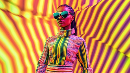 Young african female model wearing VR posing with trendy fashion outfit and colorful optical art abstract background. Picturesque generative AIの素材