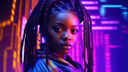 Beautiful model with colorful and trendy outfit with glowing purple green neon light, colorful dyed hair and fashionable african glitch core teenager girl. Picturesque generative AIの素材