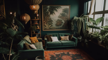 Interior design of living room with dark and moody jungle vibes. Generative AI AIG27.の素材
