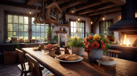 Interior design inspiration of Rustic Farmhouse style home dining room loveliness decorated with Wood and Brick material and Fireplace .Generative AI home interior design .の素材