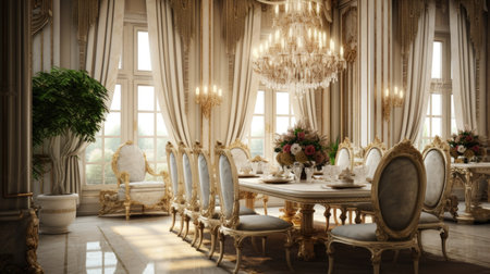 Interior design inspiration of Traditional Classic style home dining room loveliness decorated with Marble and Velvet material and Chandelier .Generative AI home interior design .の素材