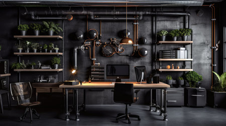 Inspiring office interior design Industrial style Office featuring Exposed pipes architecture. Generative AI AIG 31.の素材