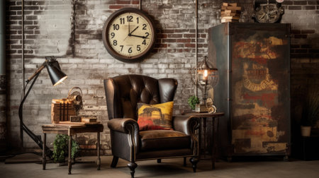Living room decor, home interior design . Industrial Rustic style with Brick Wall decorated with Metal and Wood material . Generative AI AIG26.の素材