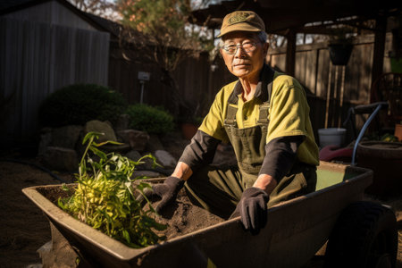 Male Asian senior gardening in backyard plants earthly. Generative AI AIG23.の素材