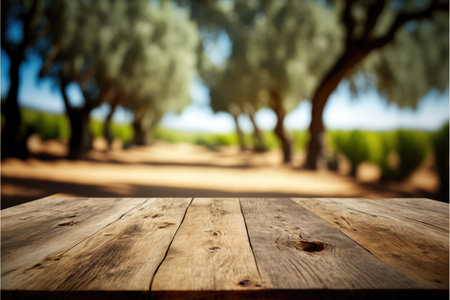 Focus empty wood table with blurred natural olive tree background. Concept of blank space for advertising product. Finest generative AI.の素材