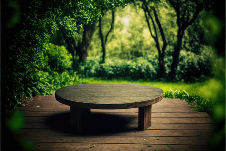 Empty wooden table in natural green garden outdoor. Product placement with sunday light. Finest generative AI.の素材