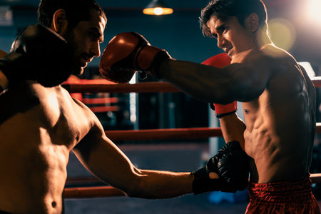 Asian and Caucasian Muay Thai boxer unleash their power in fierce boxing match. Thai boxer with strong muscular body exchanging punch and strike with relentless combat prowess. Impetusの写真素材