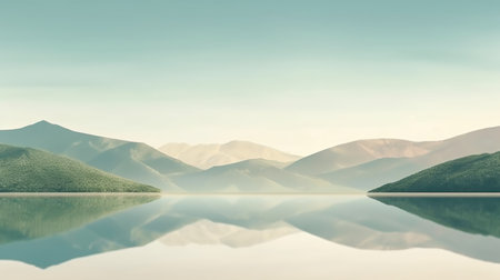 Beautiful mountain lake and natural environment in the morning background. Tranquil panoramic mountainous and nature lake shore scenery. Picturesque generative AIの素材
