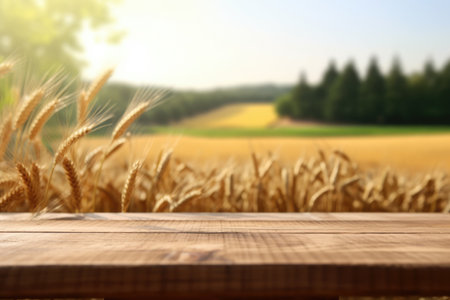 The empty wooden table top with blur background of wheat farm. Exuberant image.の写真素材