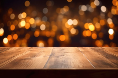 The empty wooden table top with blur background of restaurant at night. Exuberant image.