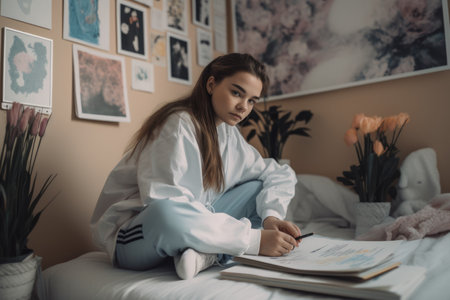 Female Caucasian teenager studying in bedroom study smart. Generative AI AIG23.の素材