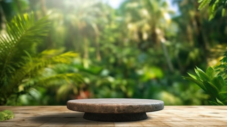 A flat rock empty table for product display with blur background of tropical jungle. Generative AI AIG30.の素材