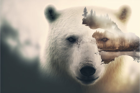 image shown by polar bear suffer due to melting ice caused by the impact of climate change on double exposure of global warming turning arctic hotter in background. Superb Generative AI.の素材