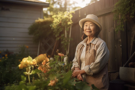 Female Asian senior gardening in backyard plants practical. Generative AI AIG23.の素材