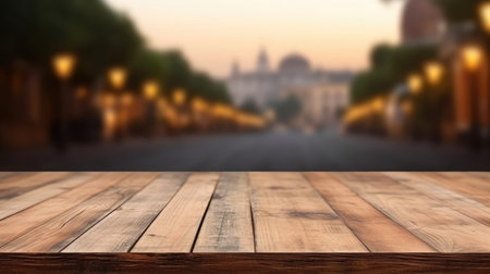 The empty wooden table top with blur background of Rome street. Exuberant image.の写真素材