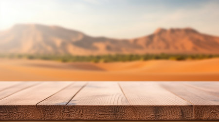 The empty wooden brown table top with blur background of desert dune mountain. Exuberant image.の写真素材