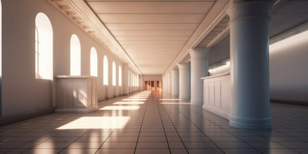 Empty hallway interior background in white tone color with sunlight. Generative AI image AIG30.